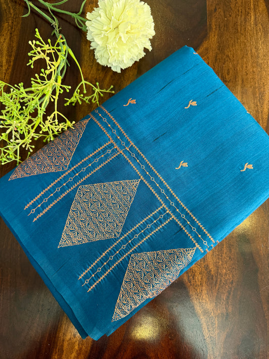 Look festive ready in this premium semi raw silk designer saree with beautiful copper zari embroidery | Teal blue | P15