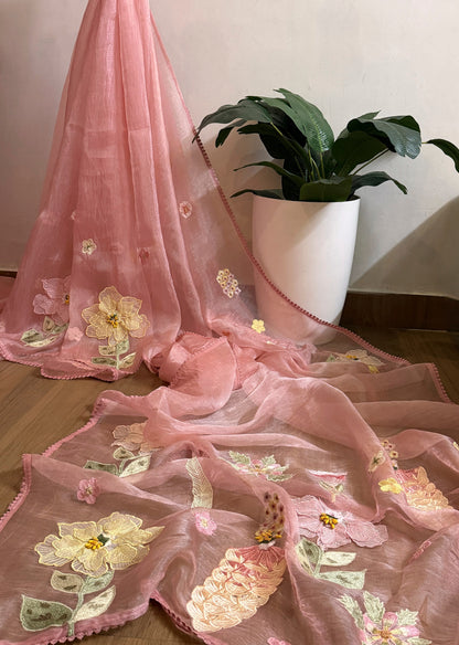 Tissue Organza saree with 3D applique work and lace detailed borders| Peach | BA2