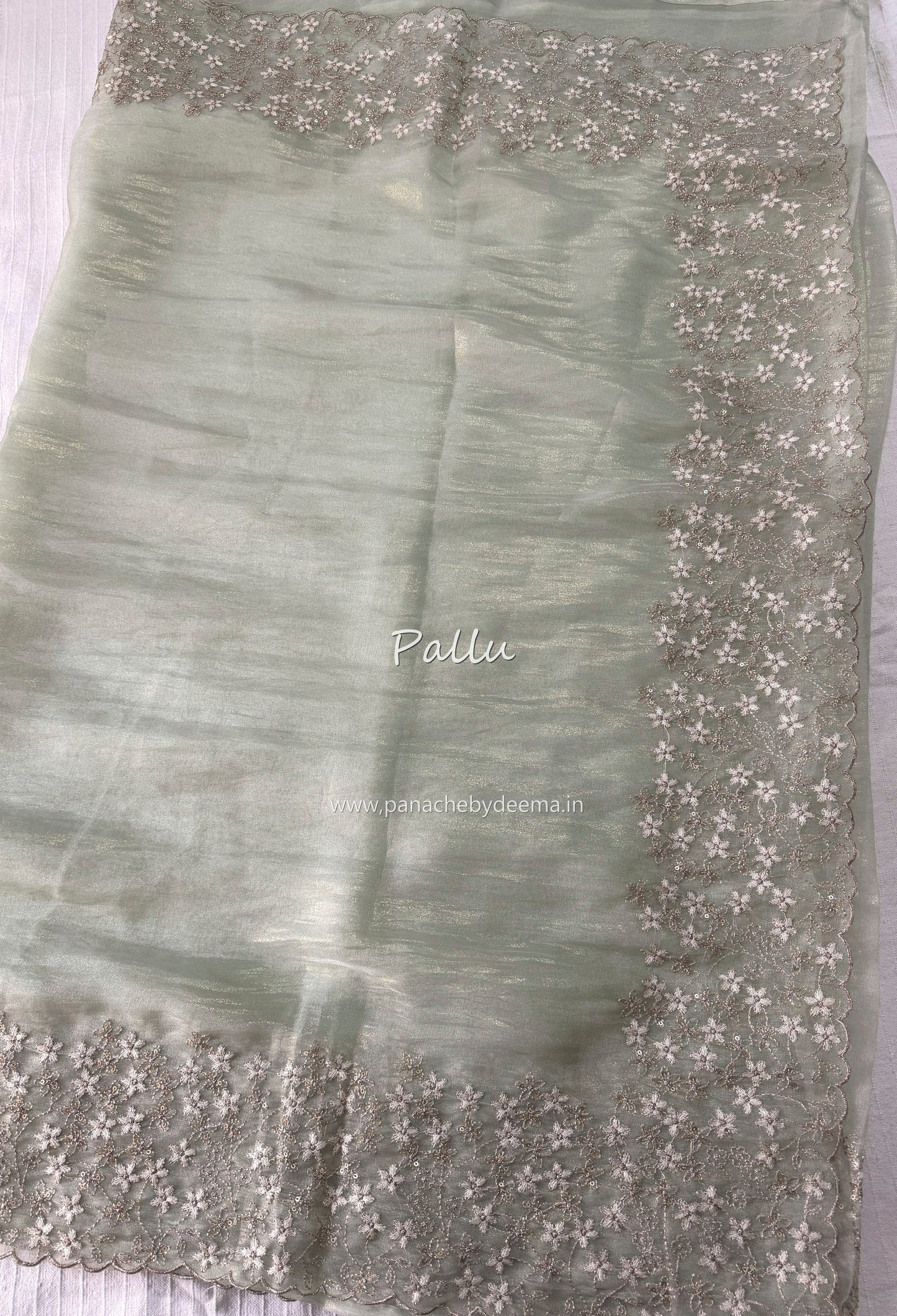 (Available on prebooking whatsapp 8296837556)Crushed tissue organza saree with embroidery and scalloped borders | Pistah green | GL6
