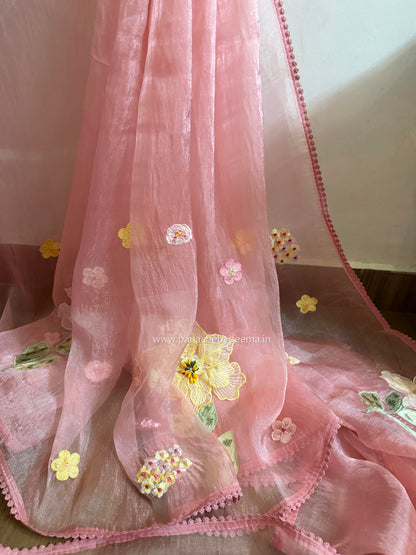 Tissue Organza saree with 3D applique work and lace detailed borders| Peach | BA2
