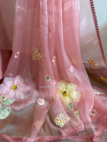 Tissue Organza saree with 3D applique work and lace detailed borders| Peach | BA2