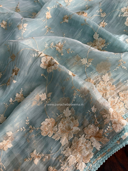 Tissue Organza saree with embroidery |Blue | E2