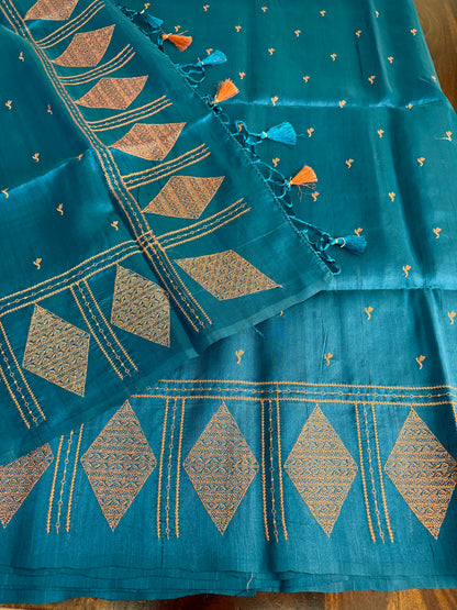 Look festive ready in this premium semi raw silk designer saree with beautiful copper zari embroidery | Teal blue | P15