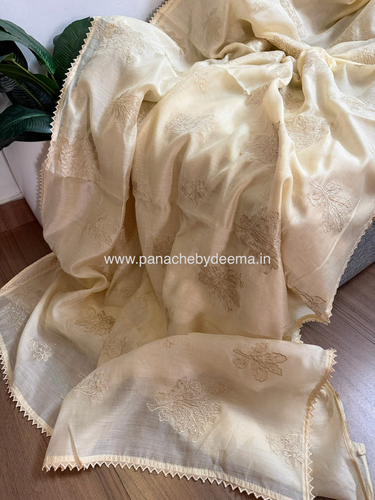 Soft mul chanderi saree with tissue applique | Light cream | MC1