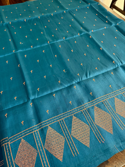 Look festive ready in this premium semi raw silk designer saree with beautiful copper zari embroidery | Teal blue | P15