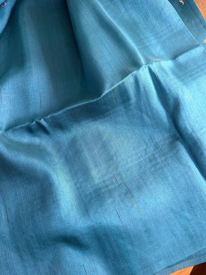 Look festive ready in this premium semi raw silk designer saree with beautiful copper zari embroidery | Teal blue | P15