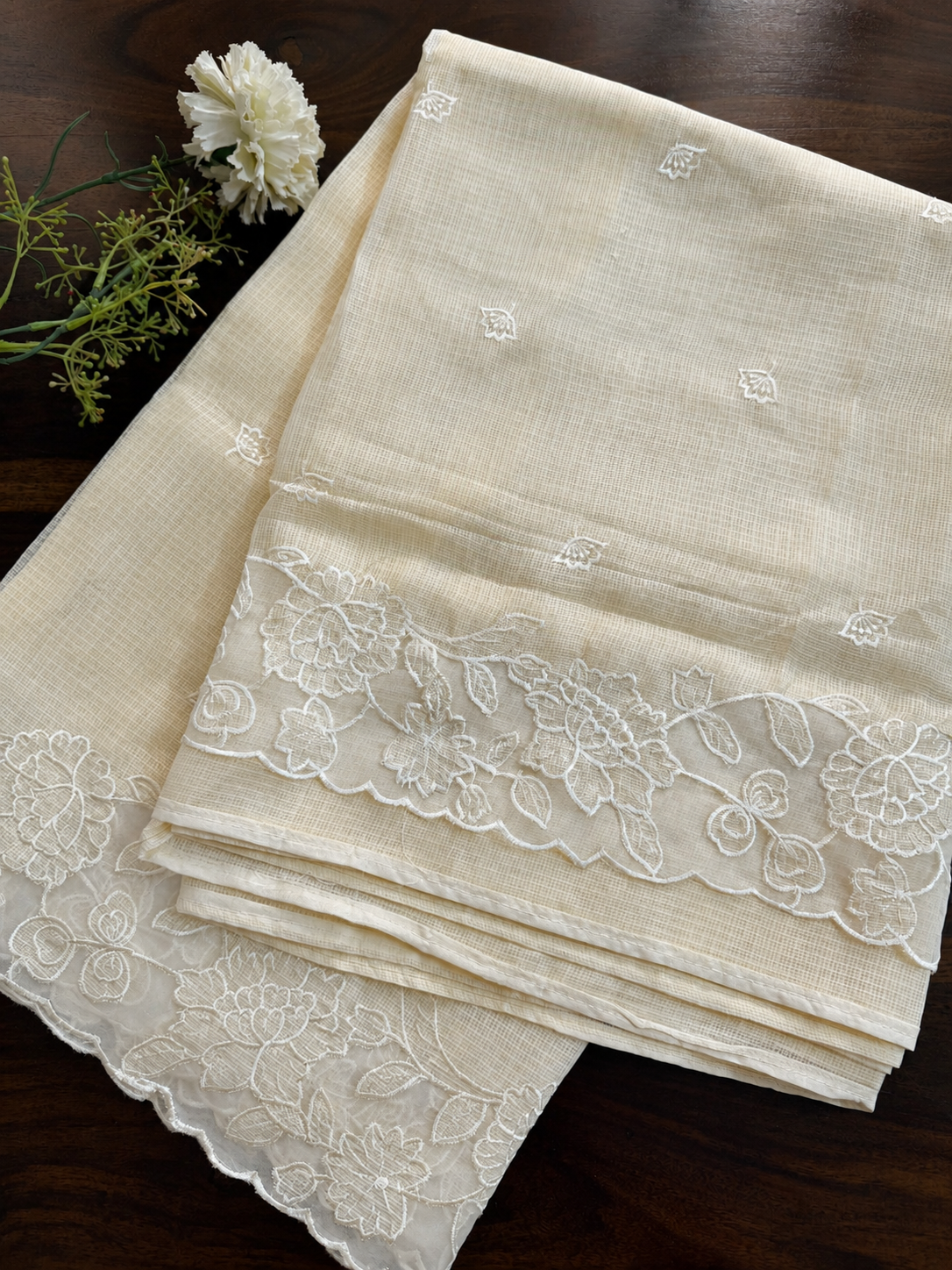 Silky Kota saree with applique work and scalloped borders | Butter yellow | AK1