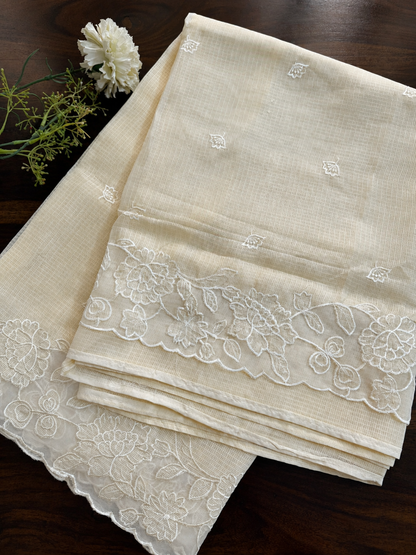 Silky Kota saree with applique work and scalloped borders | Butter yellow | AK1