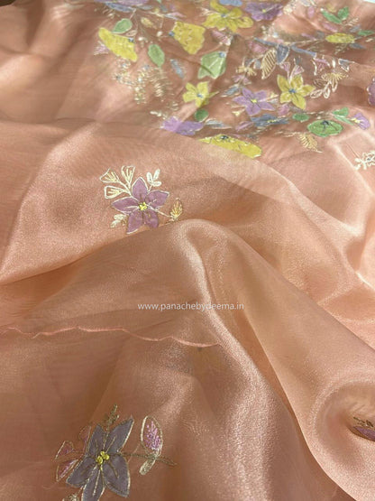 Glass Tissue Organza saree with multicolour applique work and pita embroidery| Peach | BA4(Copy)