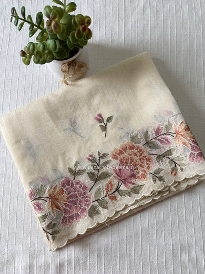 Semi chanderi tissue saree with cross stitch embroidery | Light cream| CHN1
