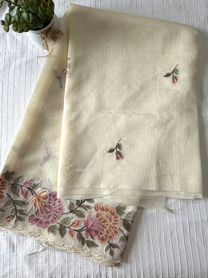 Semi chanderi tissue saree with cross stitch embroidery | Light cream| CHN1