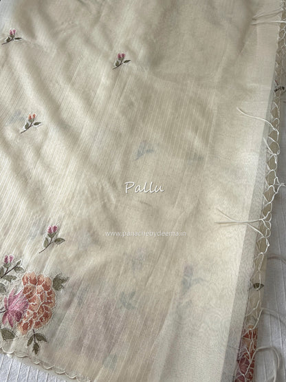 Semi chanderi tissue saree with cross stitch embroidery | Light cream| CHN1