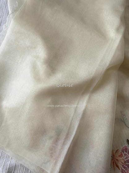 Semi chanderi tissue saree with cross stitch embroidery | Light cream| CHN1