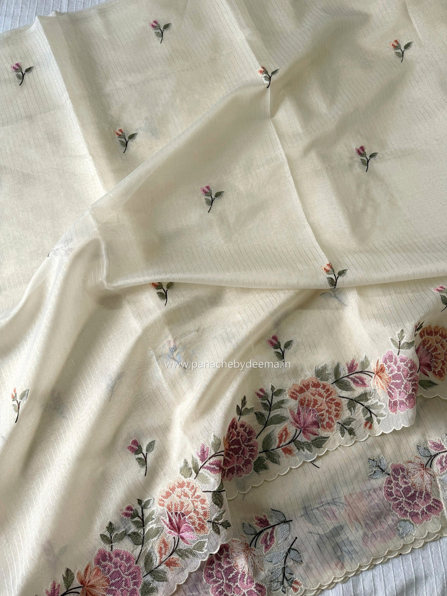 Semi chanderi tissue saree with cross stitch embroidery | Light cream| CHN1