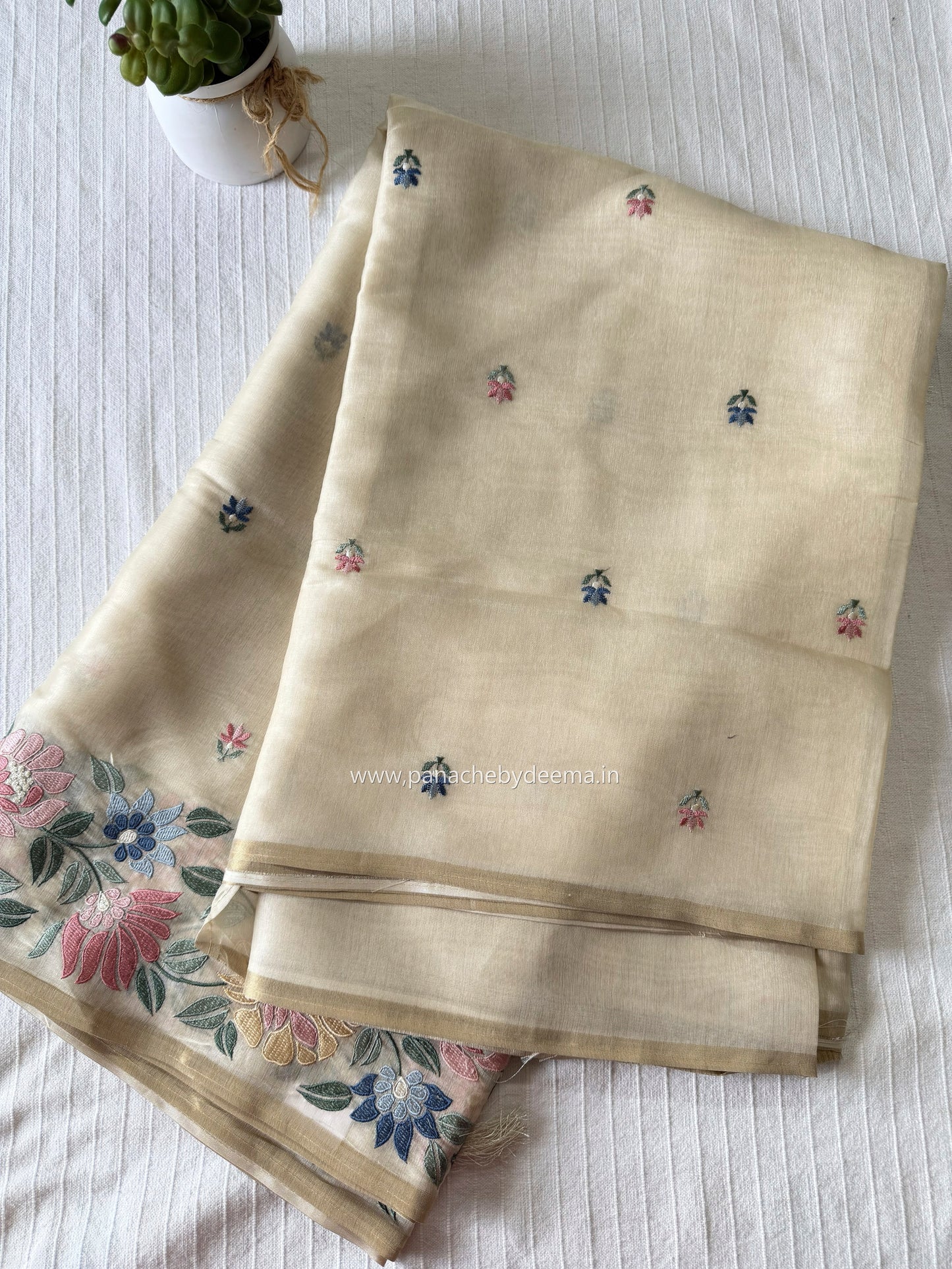 Semi chanderi silk saree with embroidery | Light cream | CHN2