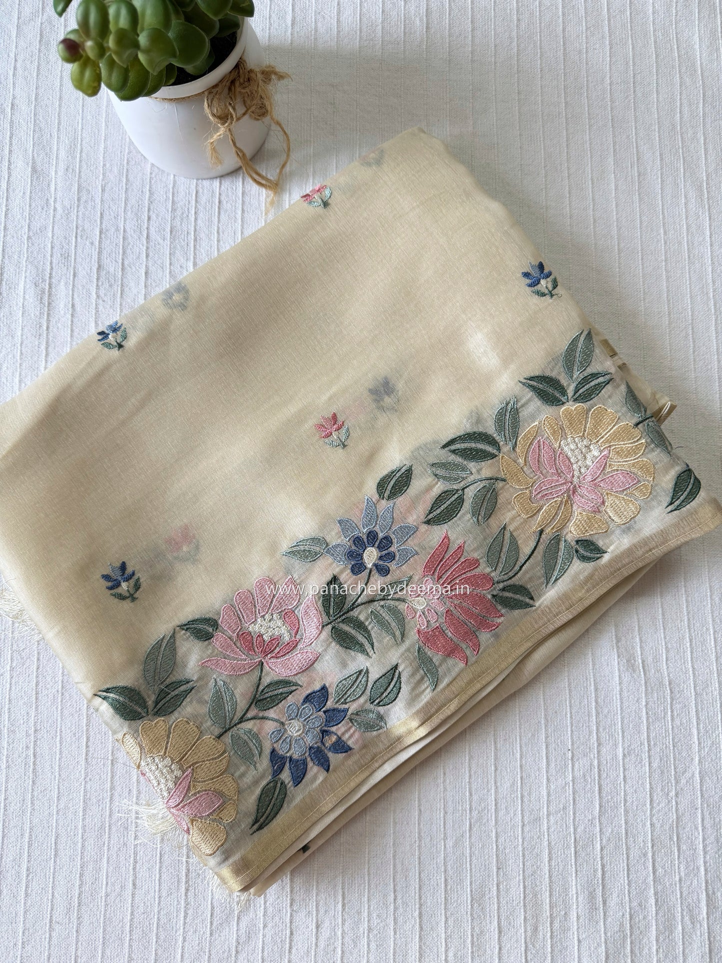 Semi chanderi silk saree with embroidery | Light cream | CHN2