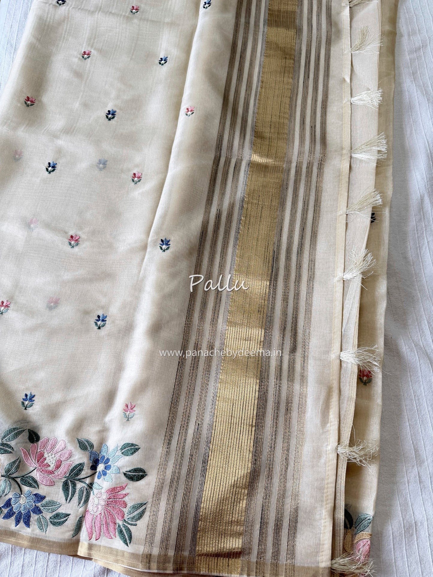 Semi chanderi silk saree with embroidery | Light cream | CHN2