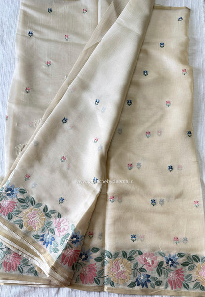Semi chanderi silk saree with embroidery | Light cream | CHN2