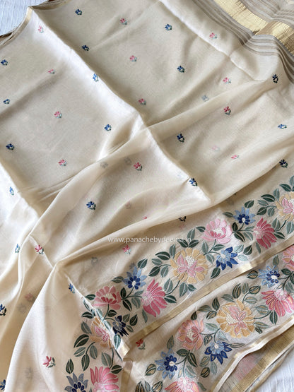 Semi chanderi silk saree with embroidery | Light cream | CHN2