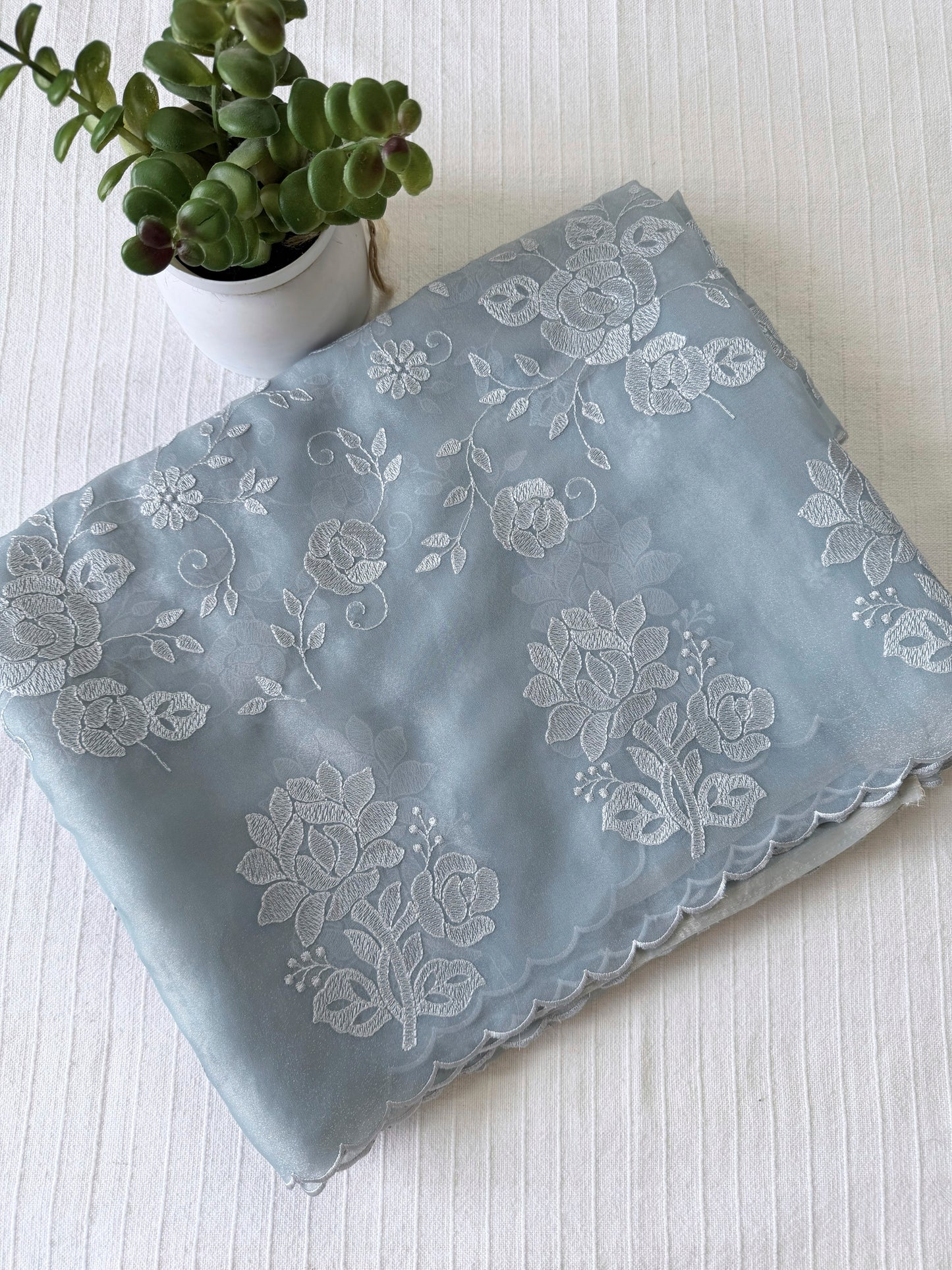 Crepe tissue saree with embroidery and scalloped borders | Slate Blue| CP1