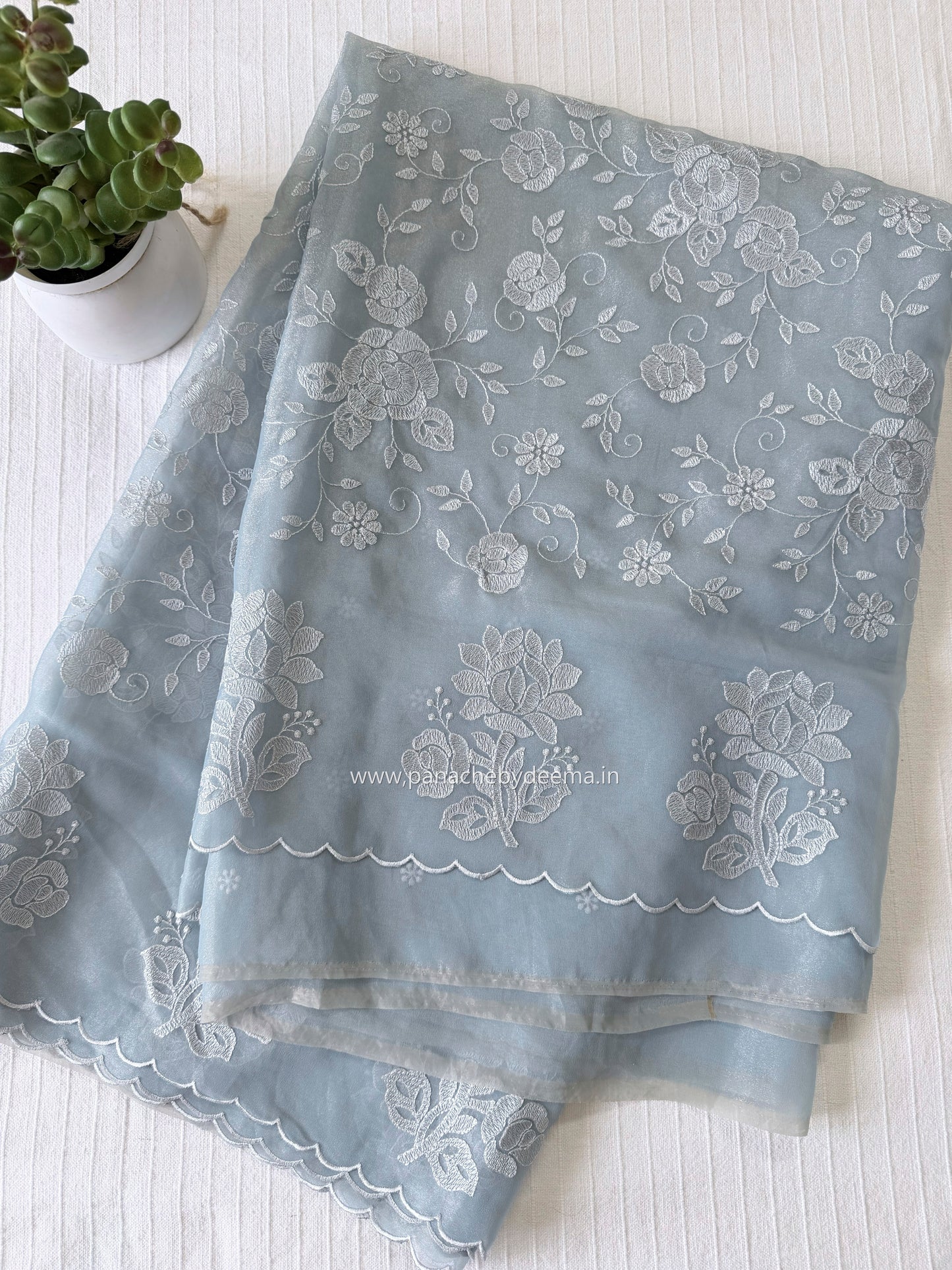 Crepe tissue saree with embroidery and scalloped borders | Slate Blue| CP1