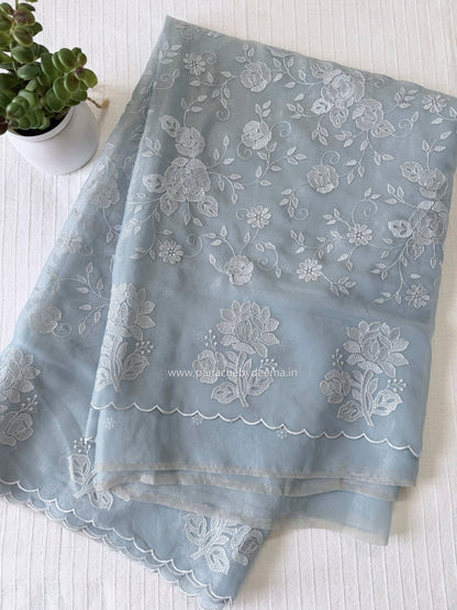 Crepe tissue saree with embroidery and scalloped borders | Slate Blue| CP1