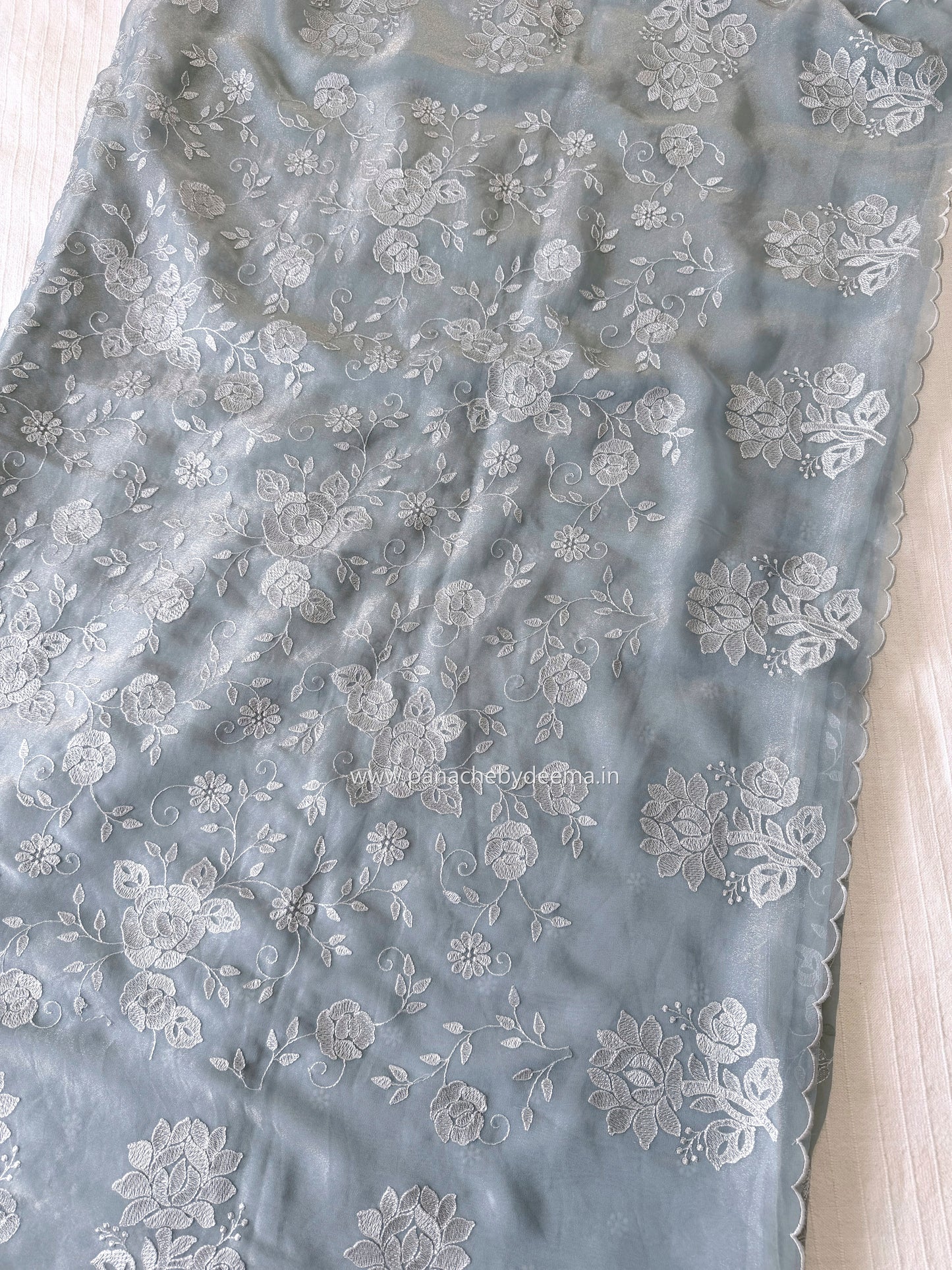 Crepe tissue saree with embroidery and scalloped borders | Slate Blue| CP1