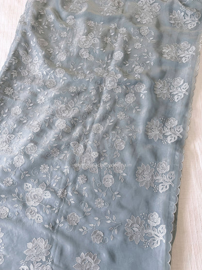 Crepe tissue saree with embroidery and scalloped borders | Slate Blue| CP1