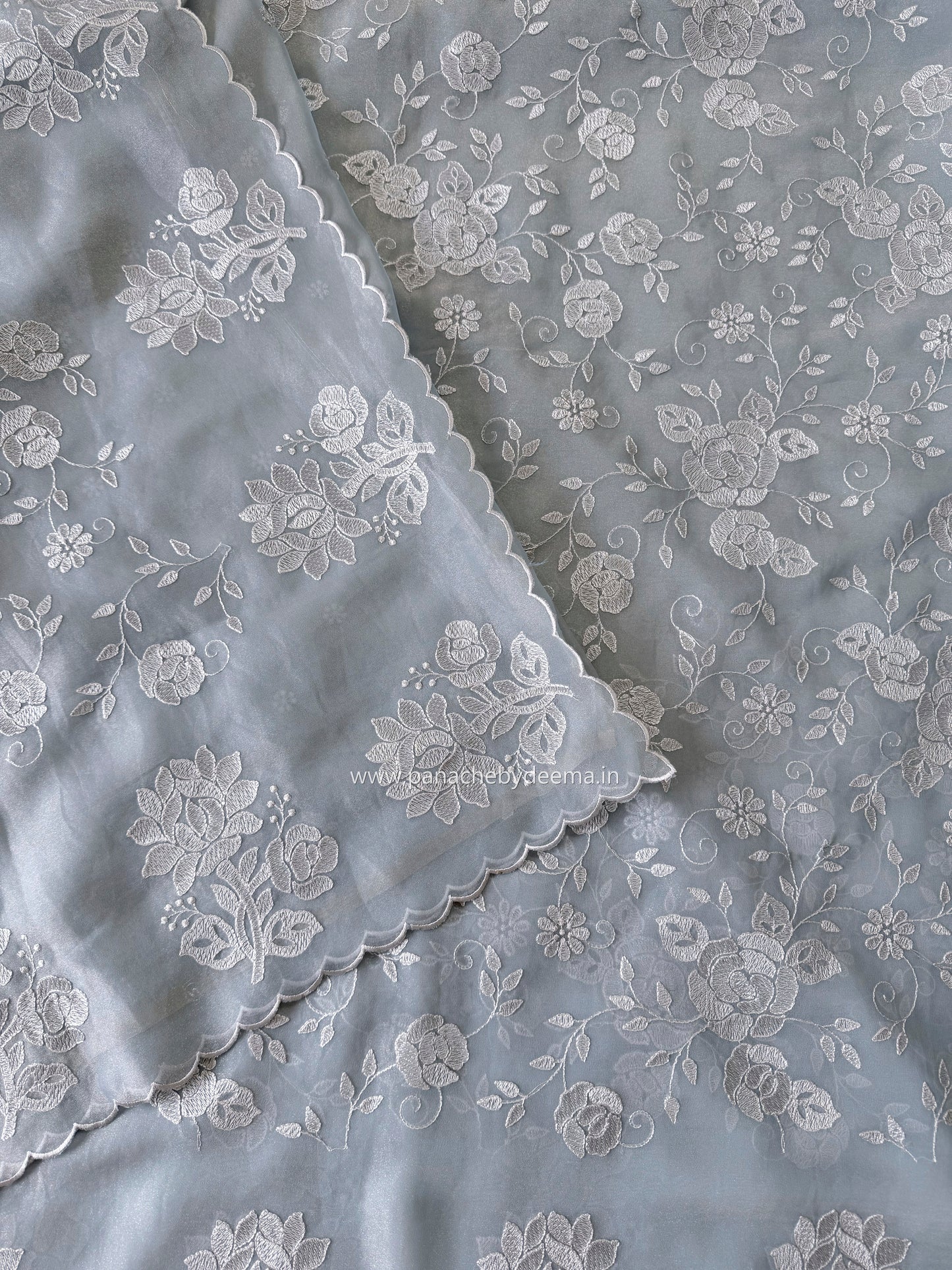 Crepe tissue saree with embroidery and scalloped borders | Slate Blue| CP1