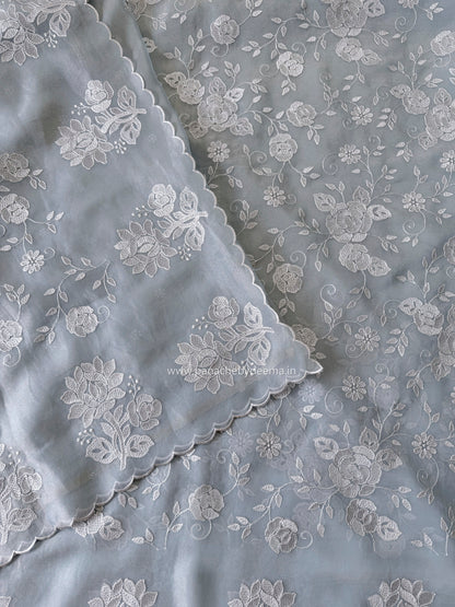 Crepe tissue saree with embroidery and scalloped borders | Slate Blue| CP1