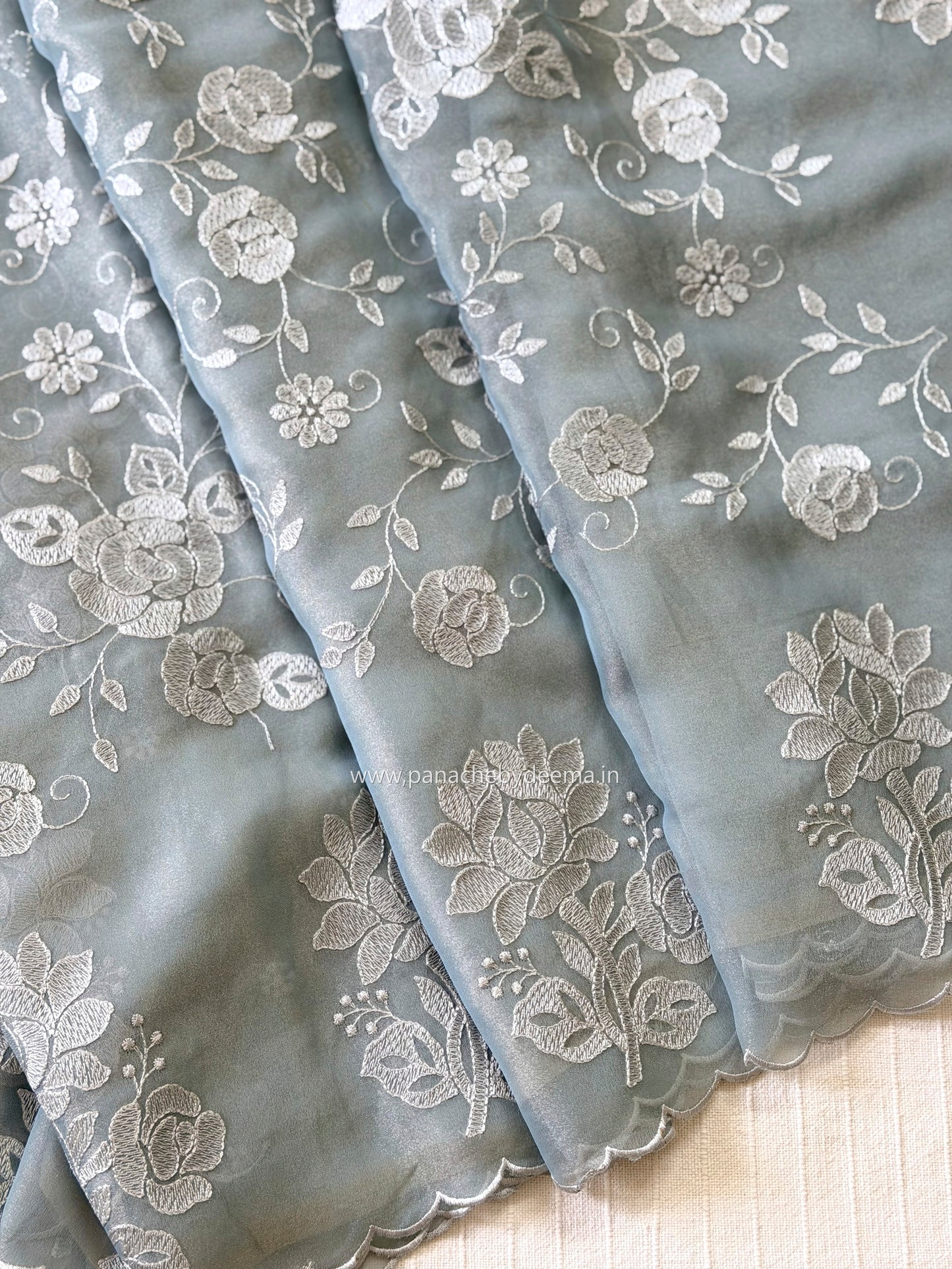Crepe tissue saree with embroidery and scalloped borders | Slate Blue| CP1