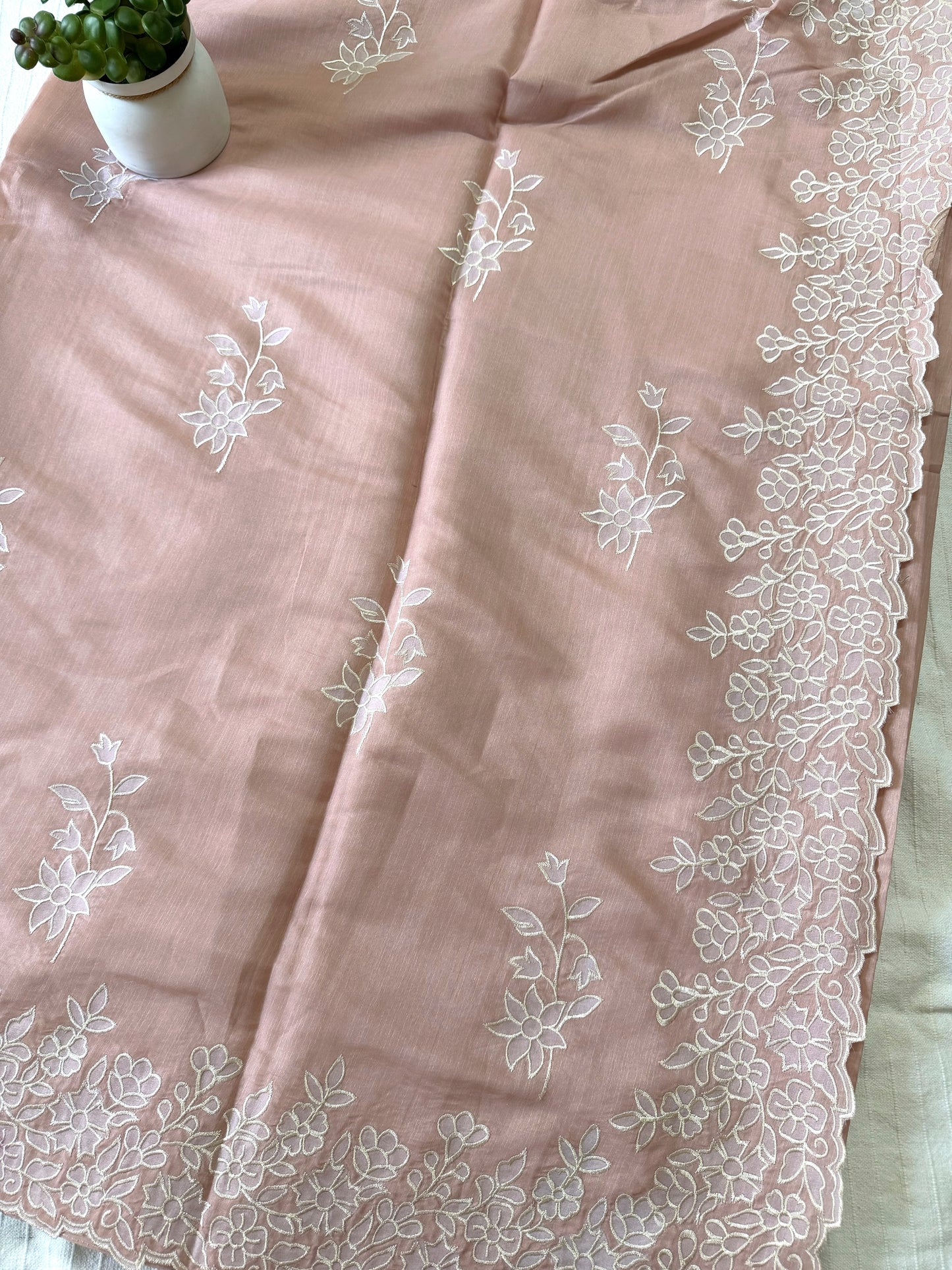 Semi tussar applique cut work saree with scalloped borders | Peach | SOT2