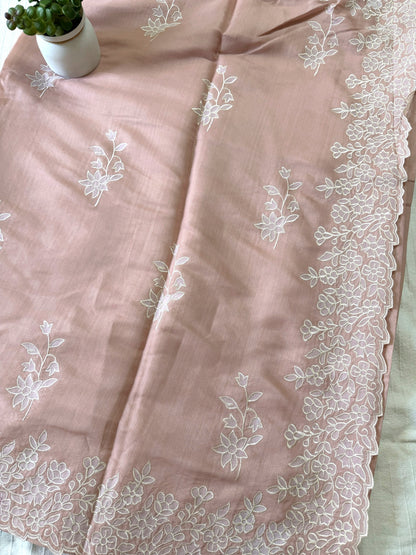 Semi tussar applique cut work saree with scalloped borders | Peach | SOT2