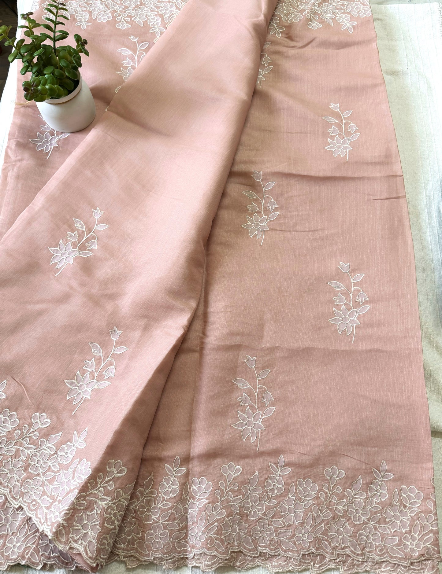 Semi tussar applique cut work saree with scalloped borders | Peach | SOT2