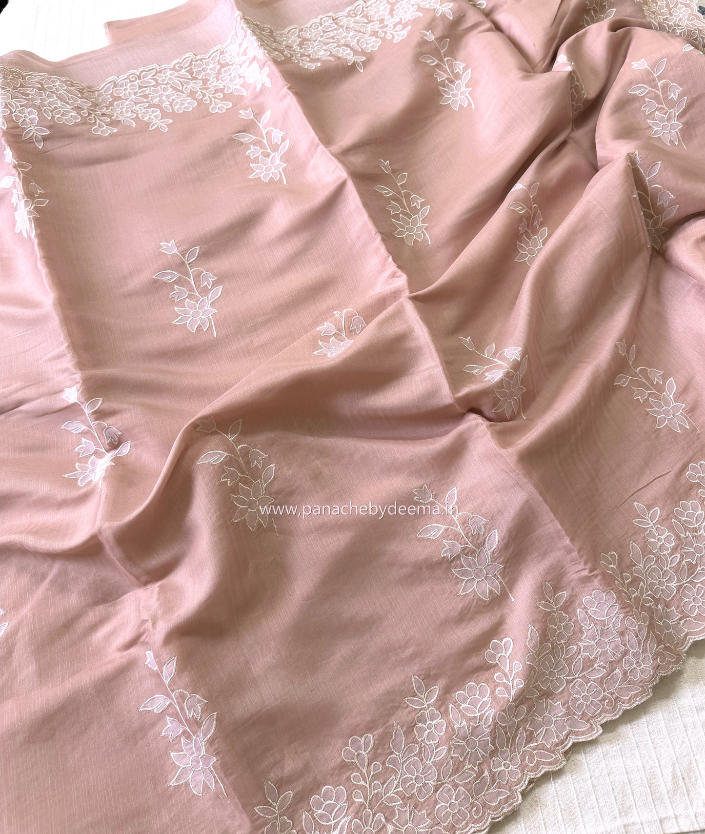 Semi tussar applique cut work saree with scalloped borders | Peach | SOT2