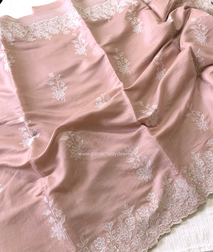 Semi tussar applique cut work saree with scalloped borders | Peach | SOT2