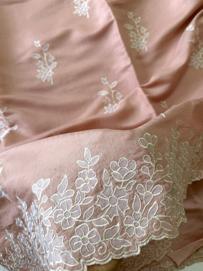 Semi tussar applique cut work saree with scalloped borders | Peach | SOT2