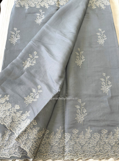 Semi tussar applique cut work saree with scalloped borders | Slate blue| SOT1