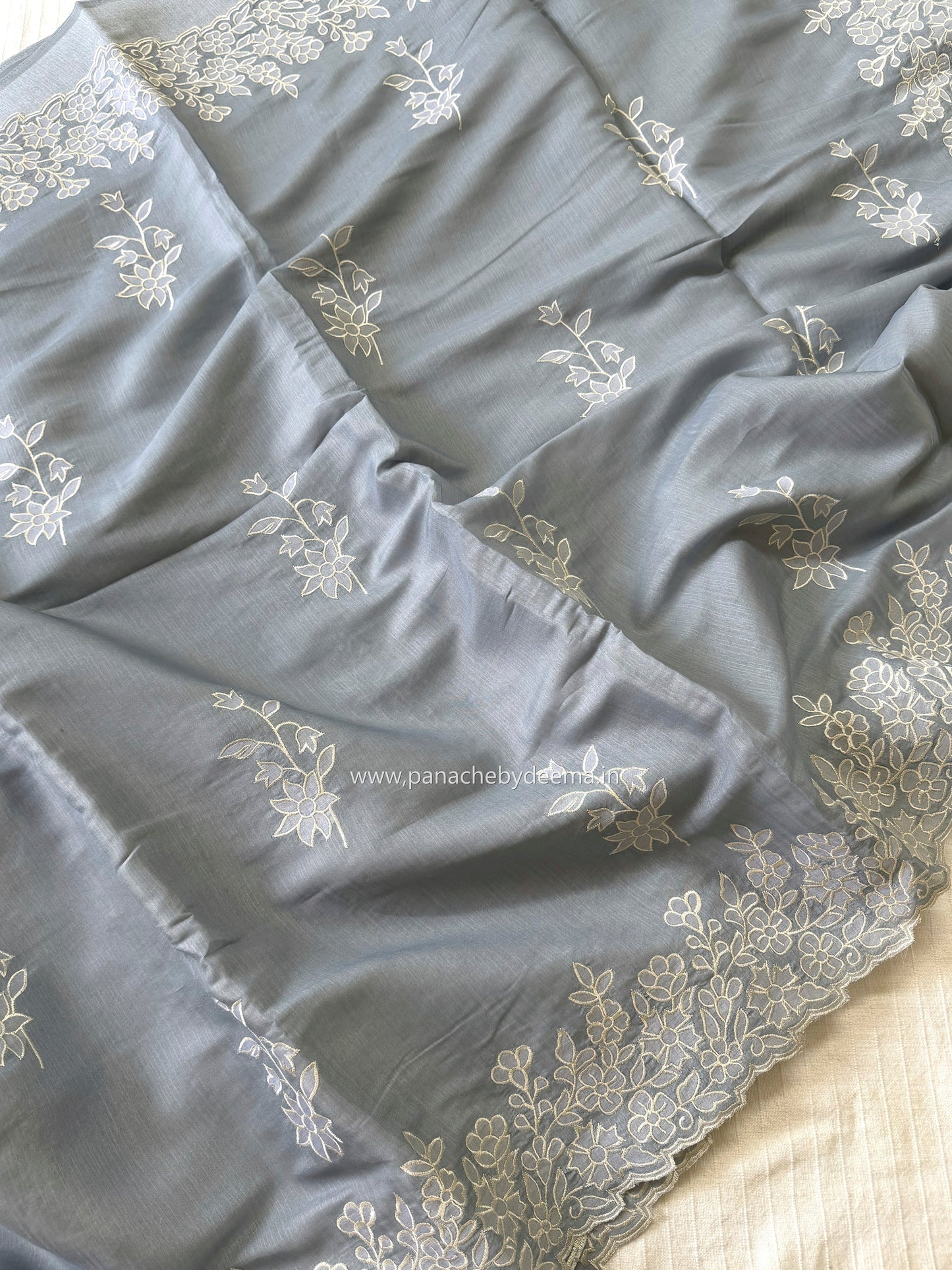 Semi tussar applique cut work saree with scalloped borders | Slate blue| SOT1