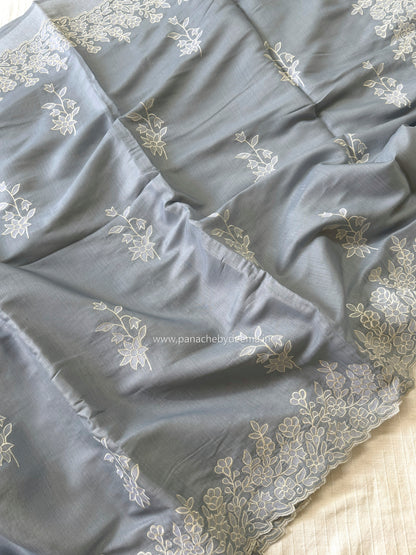 Semi tussar applique cut work saree with scalloped borders | Slate blue| SOT1