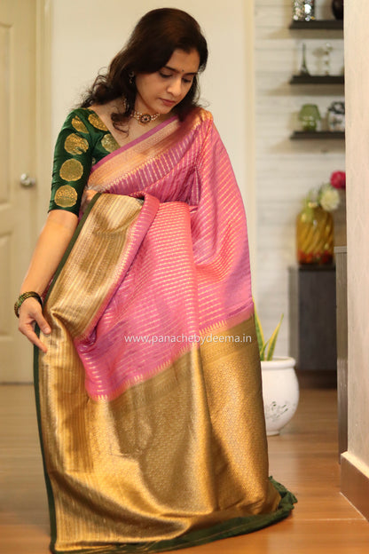 Semi banarasi georgette silk saree with contrast border |pink with green border | KD2