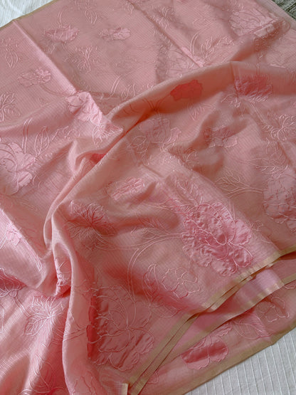 Silky Kota saree with applique work | Pink | KAP10
