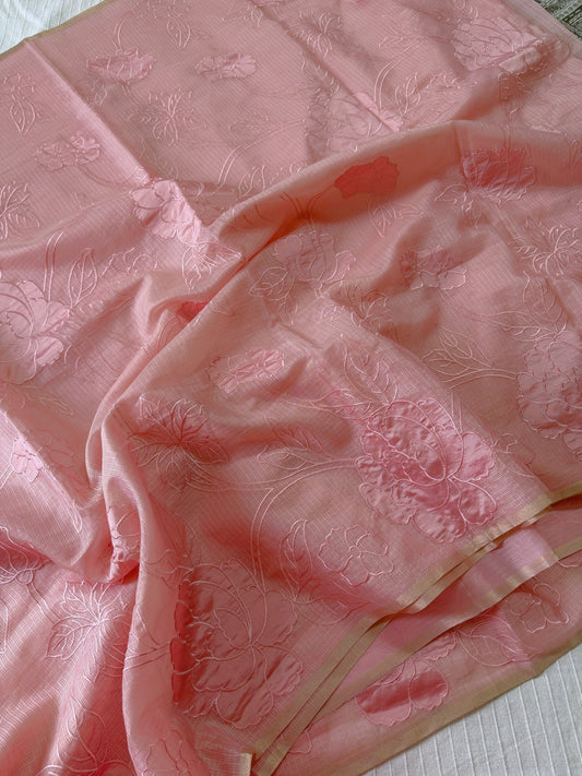 Silky Kota saree with applique work | Pink | KAP10