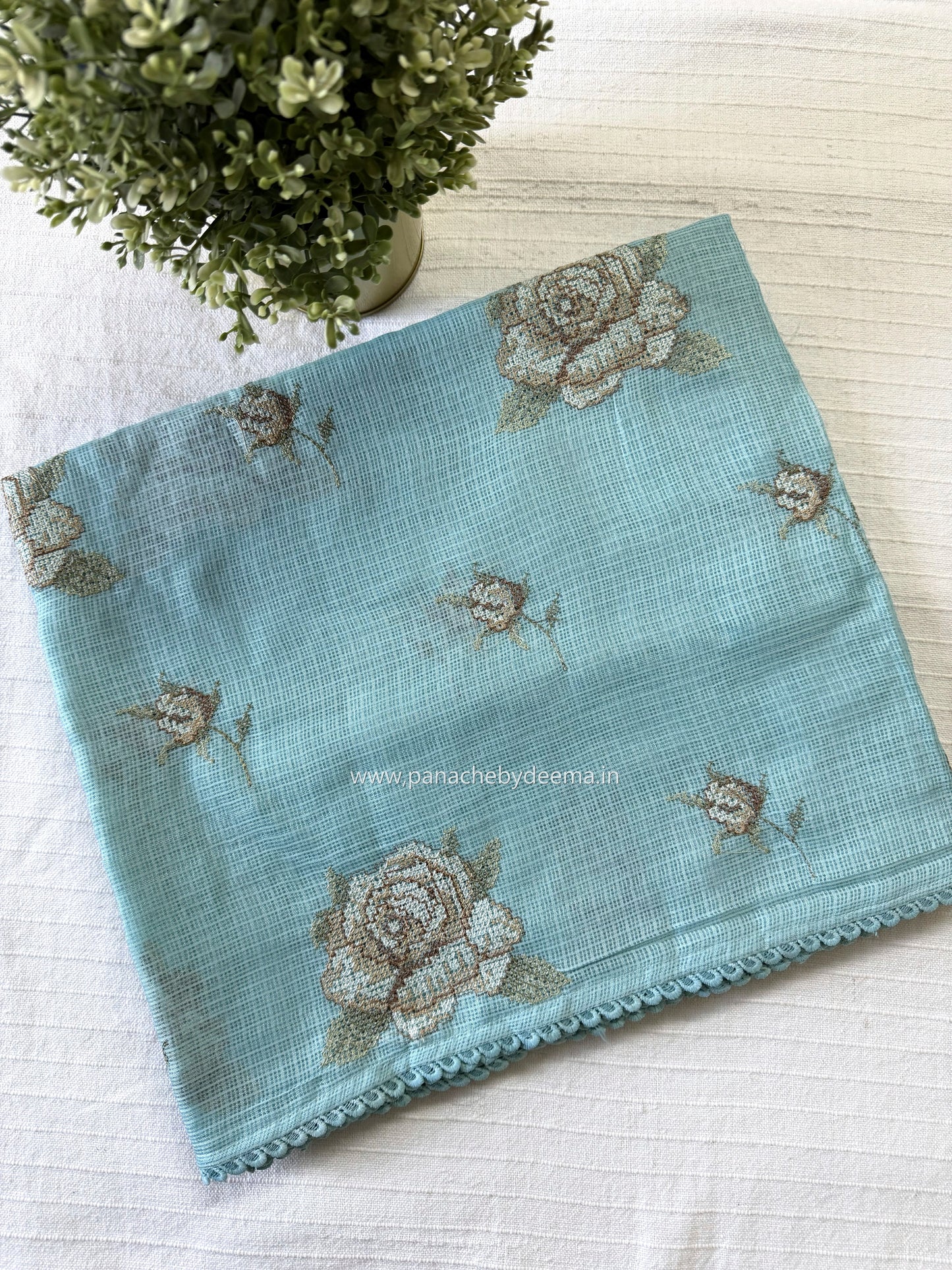 Silky Kota saree with cross stitch embroidery and lace detailed borders|Ice Blue|SL8