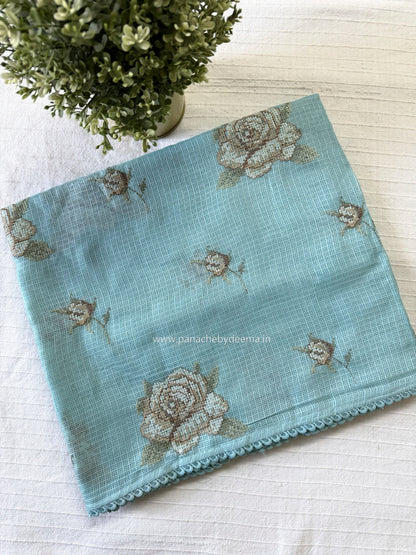 Silky Kota saree with cross stitch embroidery and lace detailed borders|Ice Blue|SL8