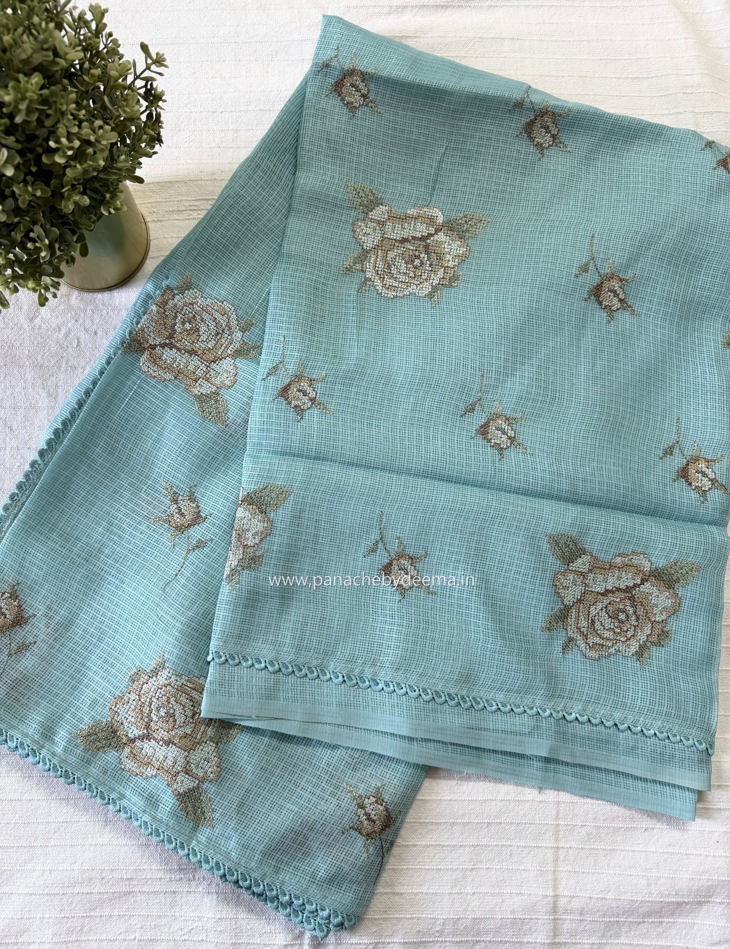 Silky Kota saree with cross stitch embroidery and lace detailed borders|Ice Blue|SL8
