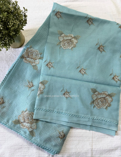 Silky Kota saree with cross stitch embroidery and lace detailed borders|Ice Blue|SL8