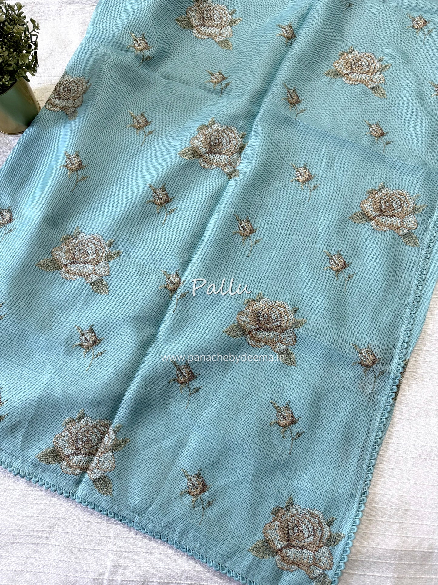 Silky Kota saree with cross stitch embroidery and lace detailed borders|Ice Blue|SL8