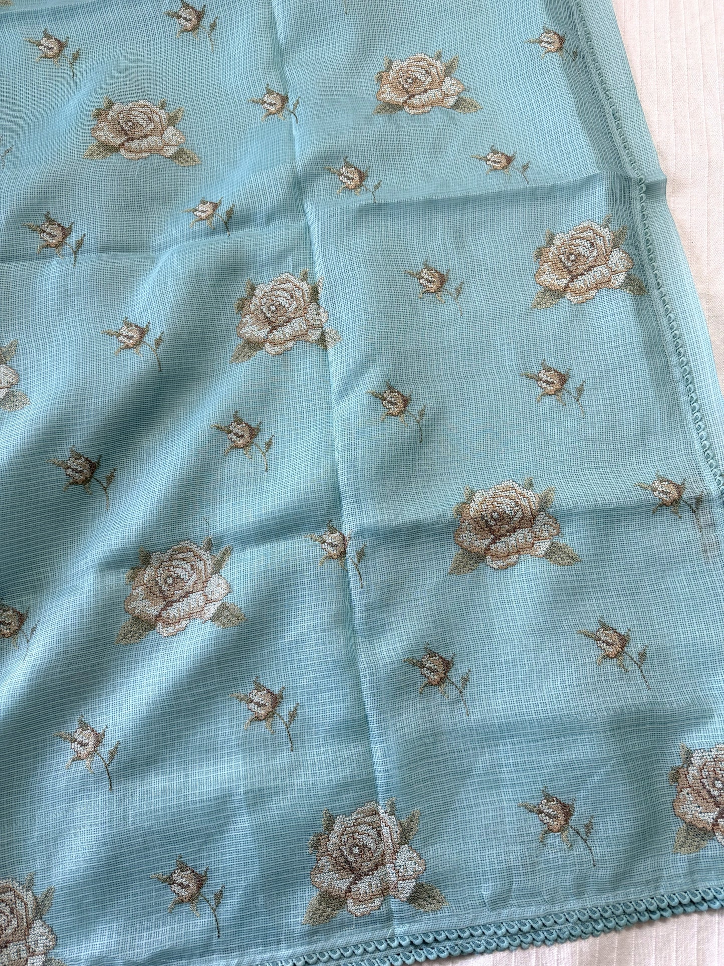 Silky Kota saree with cross stitch embroidery and lace detailed borders|Ice Blue|SL8
