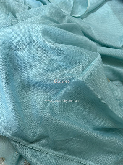 Silky Kota saree with cross stitch embroidery and lace detailed borders|Ice Blue|SL8